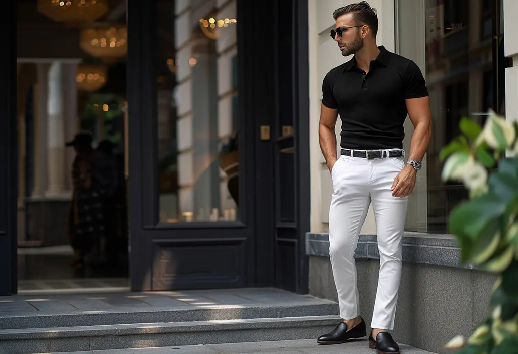 man wearing a pair of white linen trousers with a black knit polo and black loafers