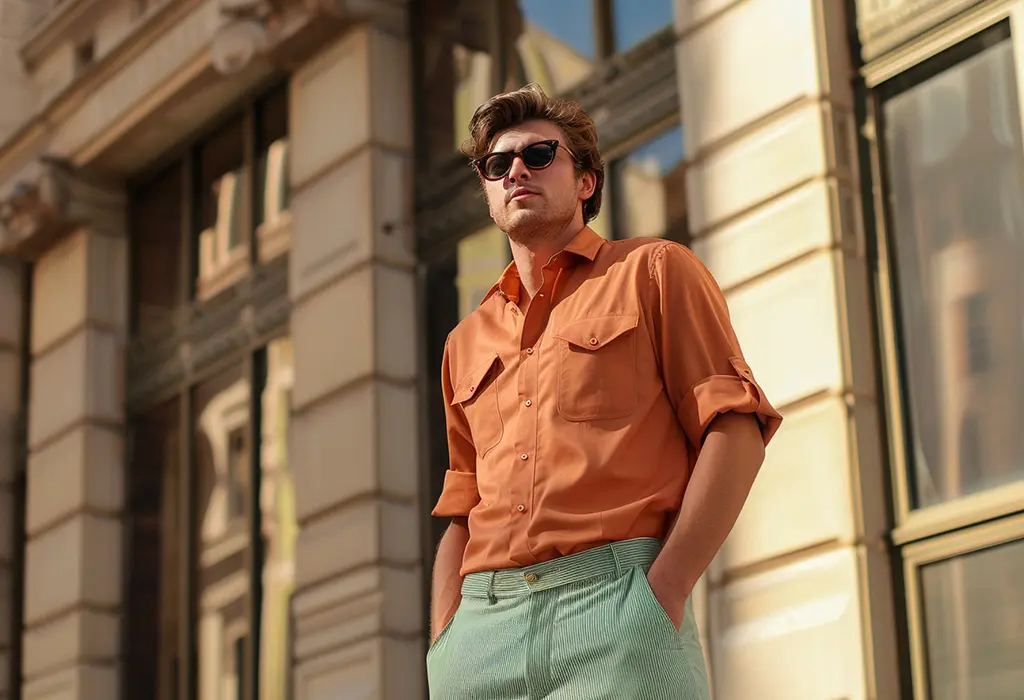 man wearing sage green seersucker pants with a burnt orange camp collar shirt and tortoiseshell sunglasses