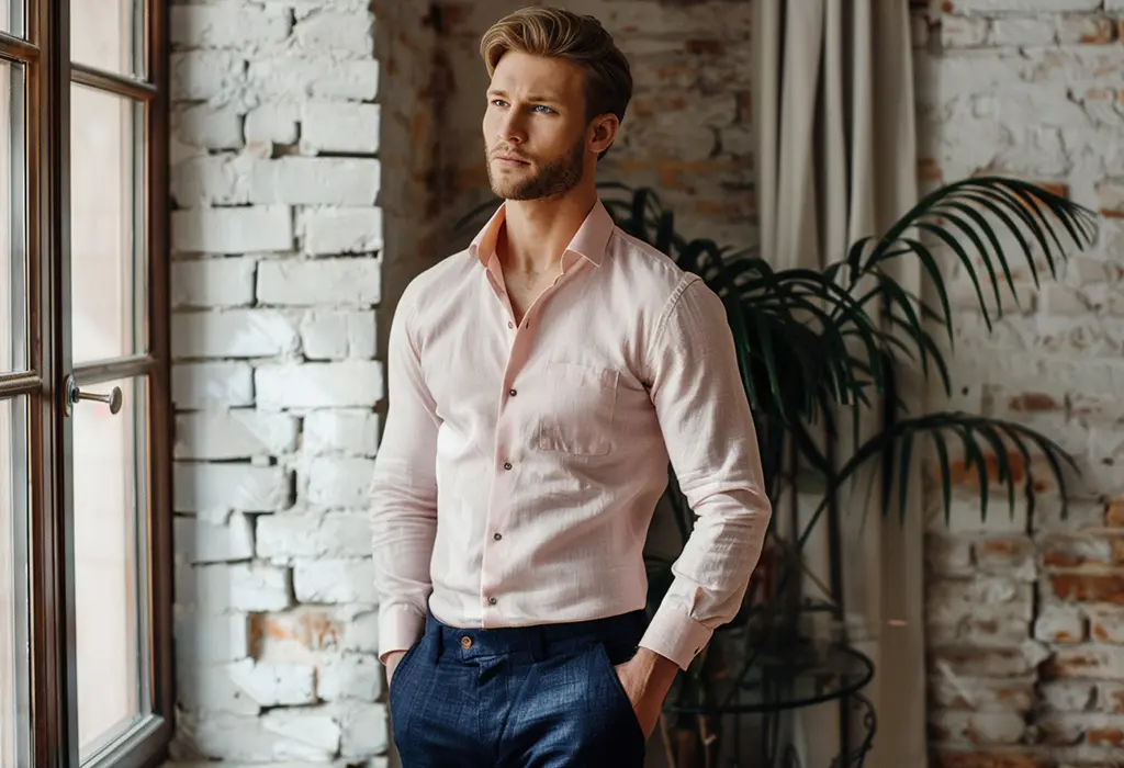 outfit of dark blue linen trousers with a soft pink linen button down shirt