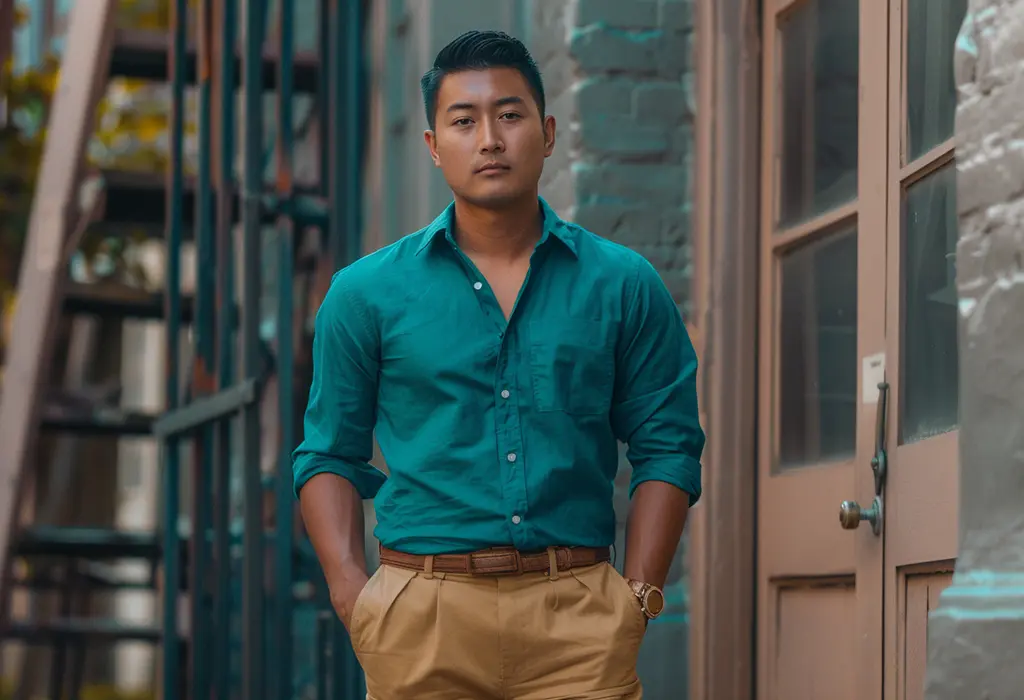 man wearing tan pleated chinos with a teal camp collar shirt