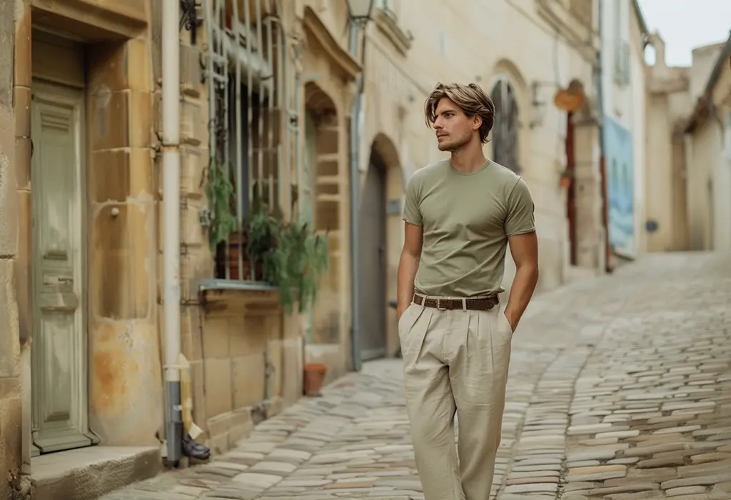 man wearing beige linen trousers with pleats, paired with a sage green tee shirt tucked in, and dark brown loafers and a dark brown braided leather belt