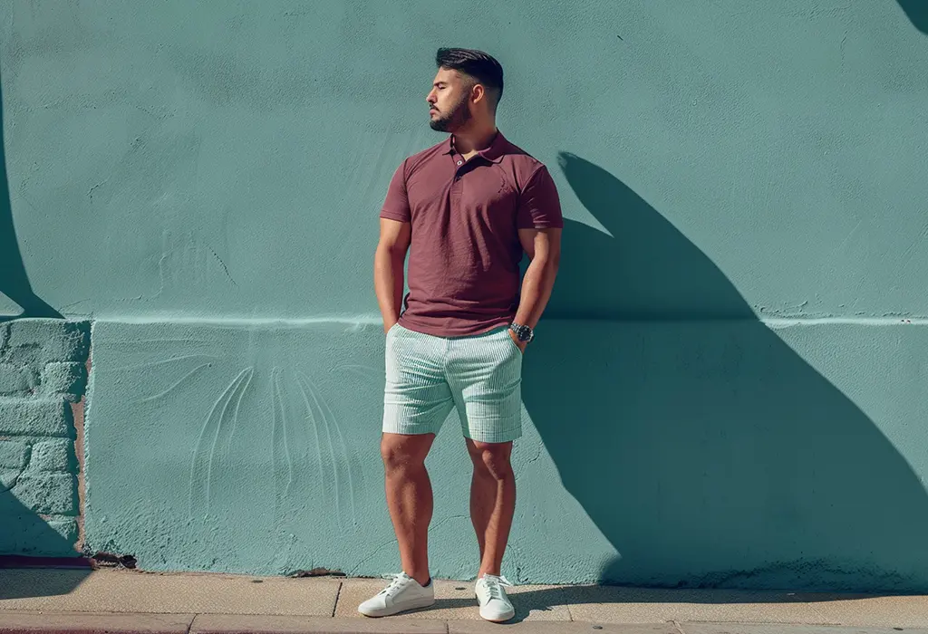 Man wearing a pair of mint green seersucker shorts with a maroon polo shirt and white sneakers