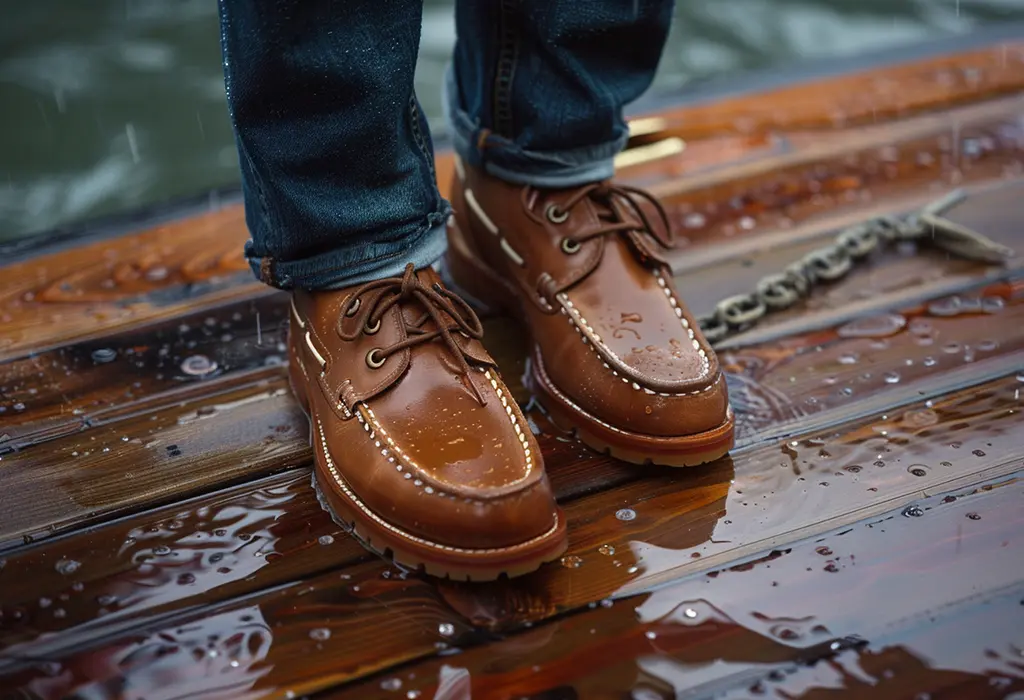 pristine brown leather boat shoes on a wet, icy wooden deck