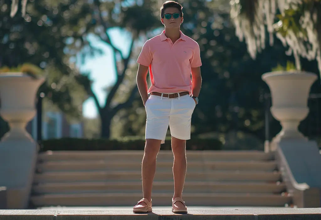 college-aged guy wearing white shorts with tan boat shoes, a pink polo shirt with a popped collar, and sunglasses