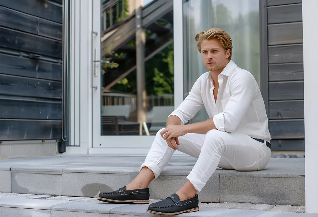 man wearing sleek black boat shoes with white linen pants, a black belt, and a white linen shirt