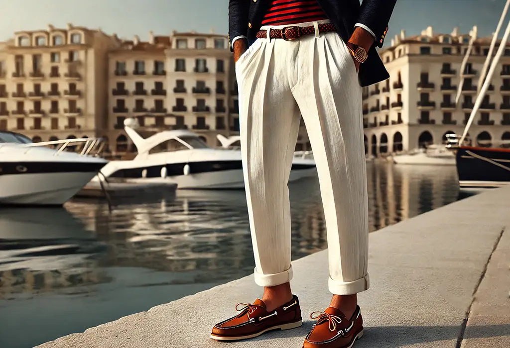 man wearing brown boat shoes with white, pleated, high-waisted linen trousers