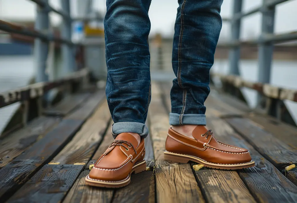 cuffed dark-wash jeans with brown boat shoes