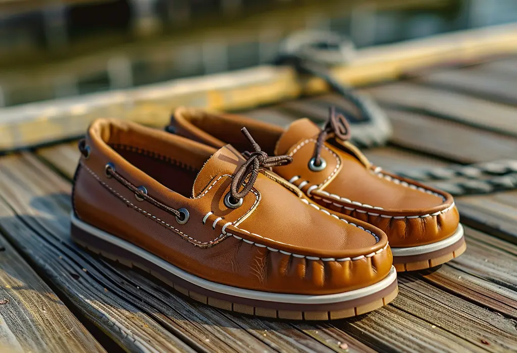 classic brown leather boat shoes on a wooden deck