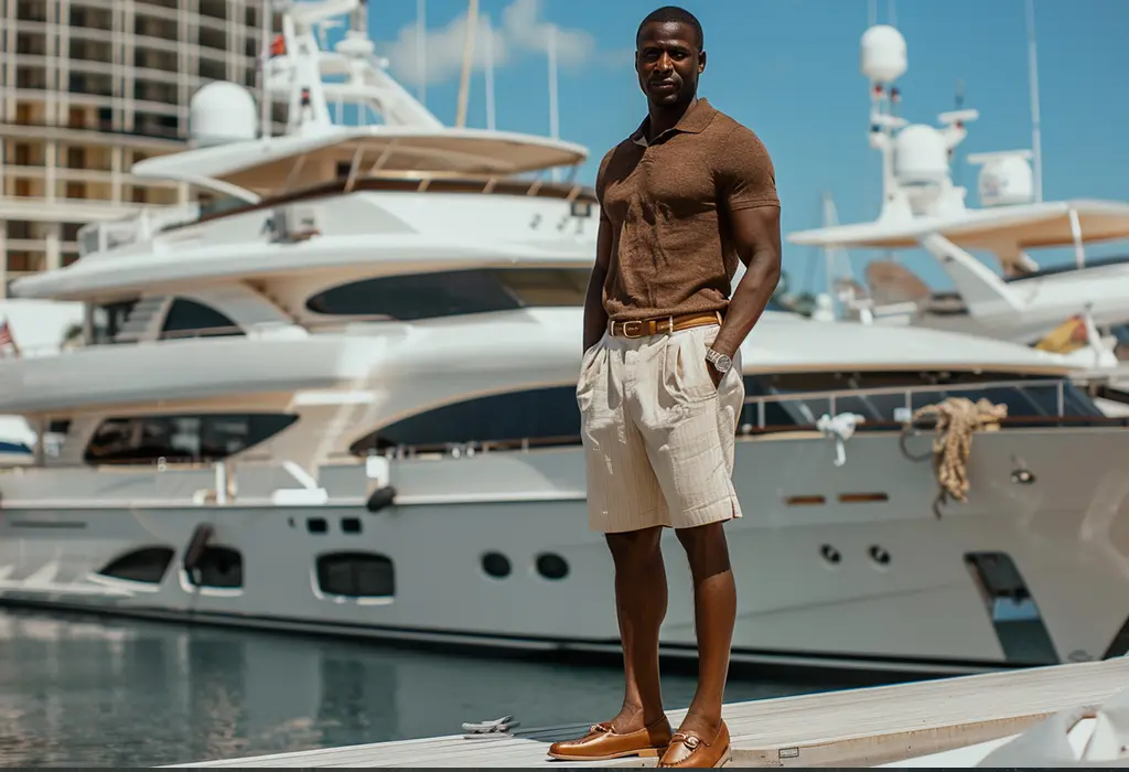 black man next to yacht wearing pleated, wide-legged off-white shorts with brown boat shoes and a brown knit polo