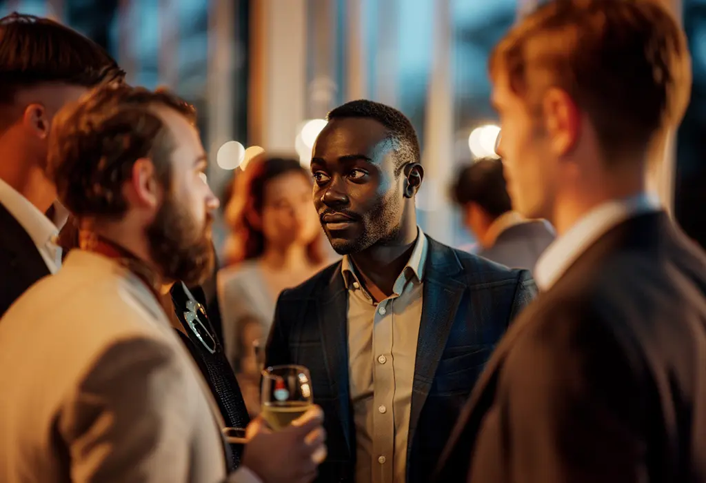 well-dressed man standing with others at a cocktail party, looking thoughtful and engaged in the conversation