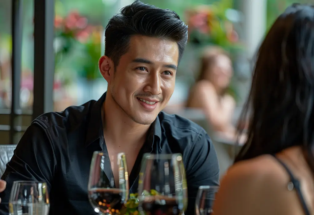 man sitting across the table from a woman in a restaurant booth, listening to her speak