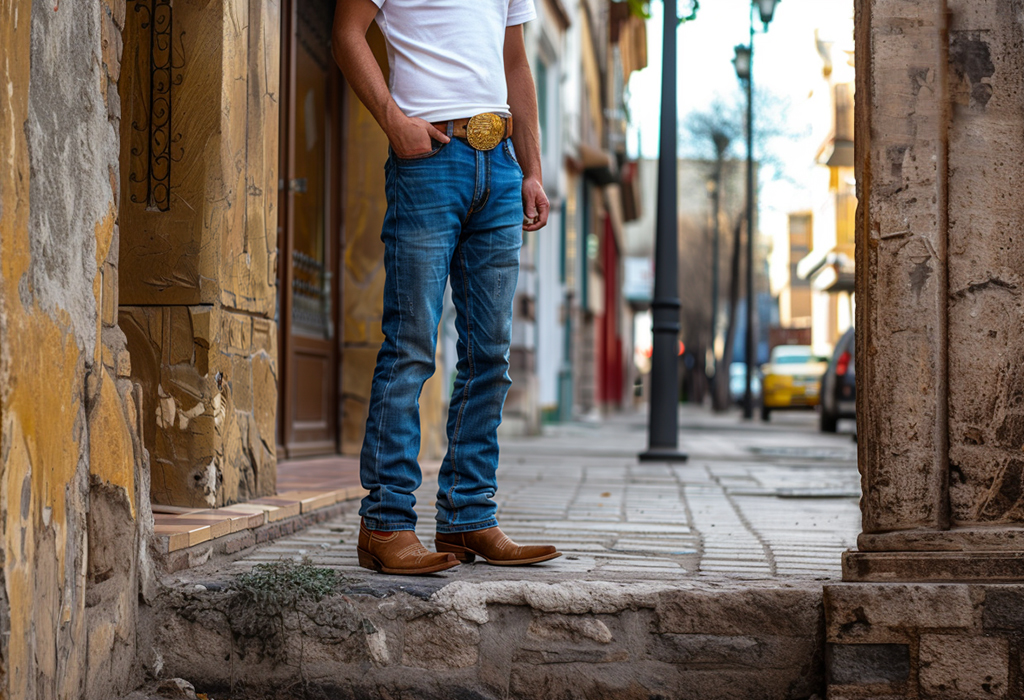 man wearing a classic white t-shirt tucked into dark blue bootcut jeans worn over cowboy boots