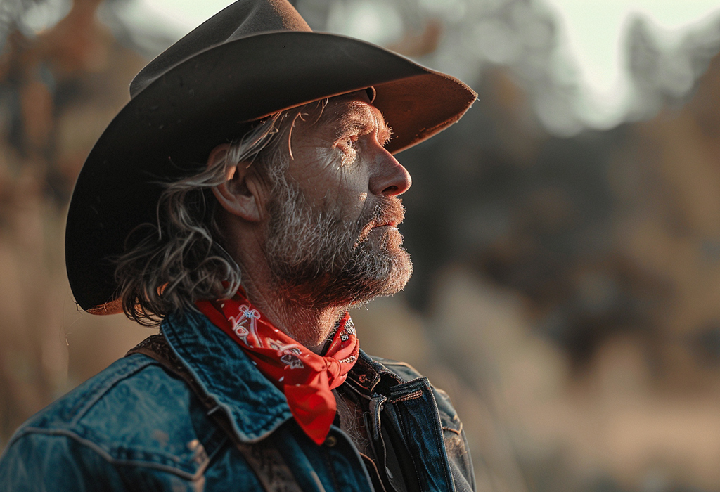 rugged cowboy wearing a red bandana around his neck