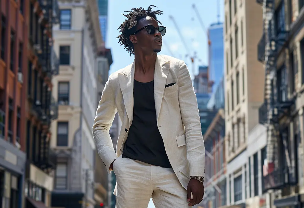 man wearing am off-white/cream linen suit with a black tank top, tucked in, with black shades