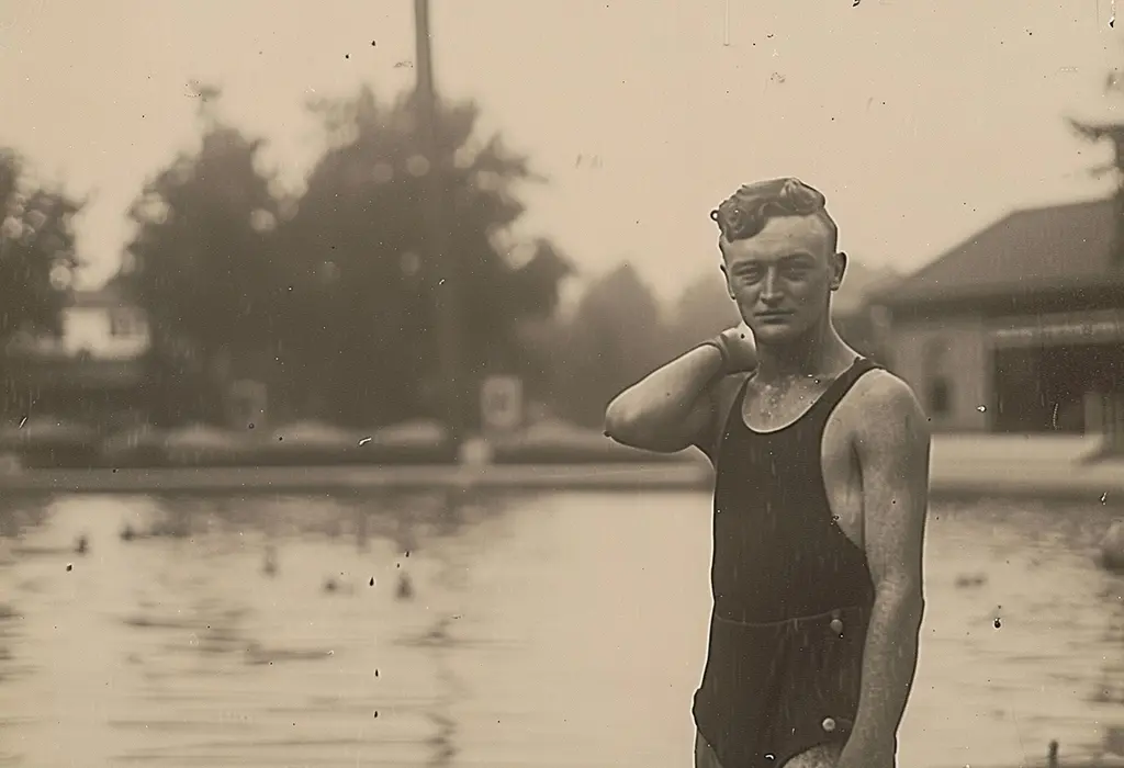 vintage photo of a man (circa 1920s) wearing a vintage bathing suit