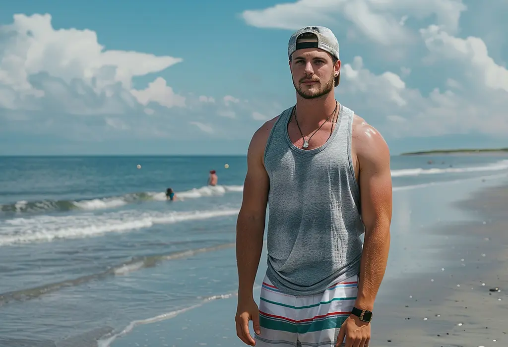 man at the beach wearing a loose, gray jersey fabric tank top over a pair of striped swim shorts and a backwards ball cap