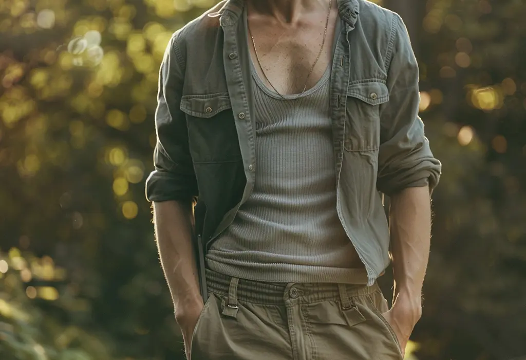 man wearing a gray ribbed tank top tucked into shorts, with a camp collar shirt worn over it