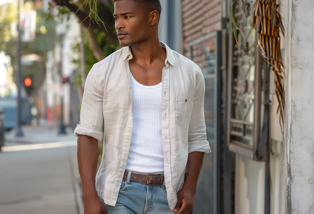 man wearing a white ribbed tank top tucked into classic-fit blue jeans and a linen short sleeve shirt worn on top