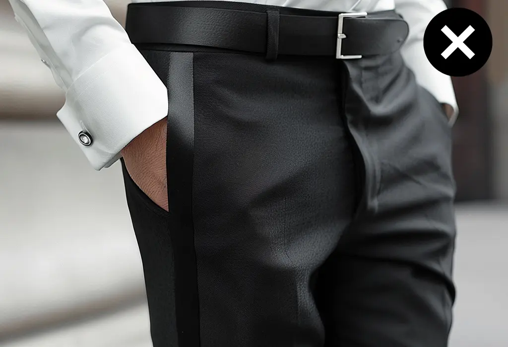 man wearing tuxedo pants with a satin stripe down the side, with belt loops and a belt