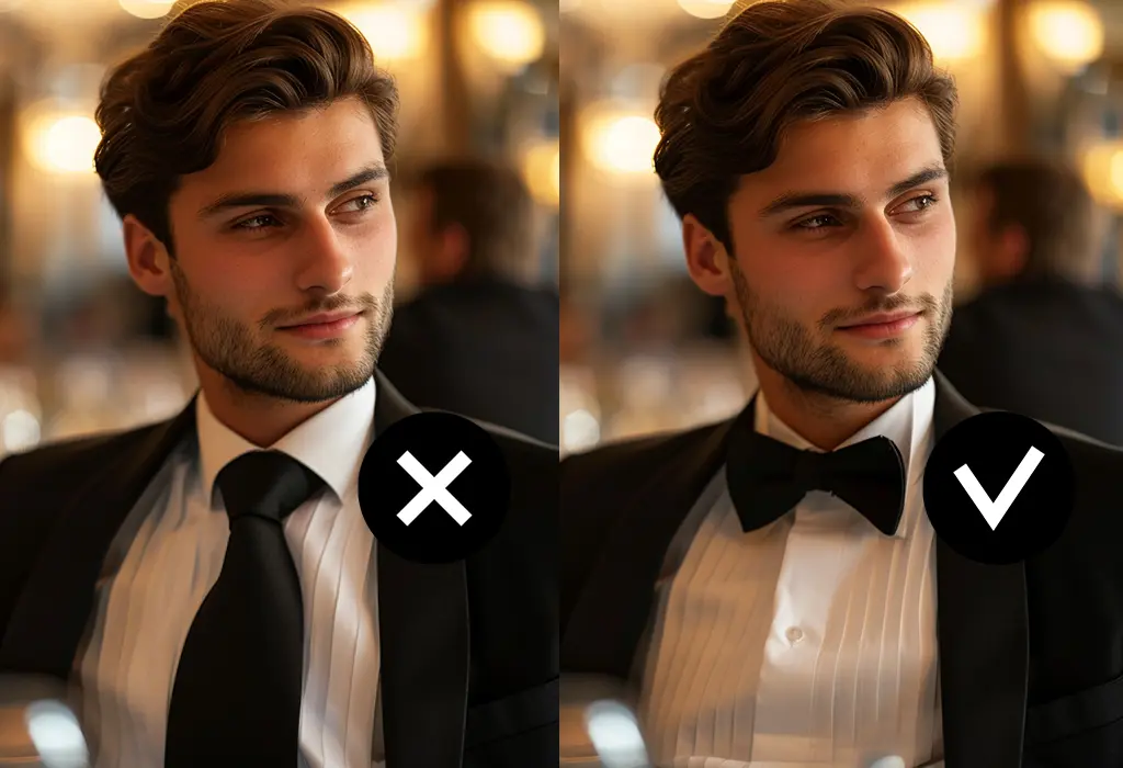 man wearing a black silk necktie instead of a proper bow tie with a black tuxedo