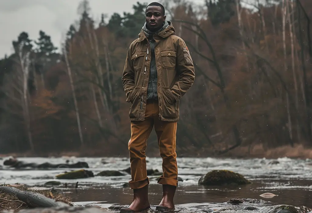 man wearing brown corduroy pants with rubber rain boots and a rain parka jacket