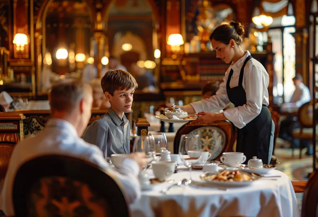 father and son in fancy restaurant learning good manners