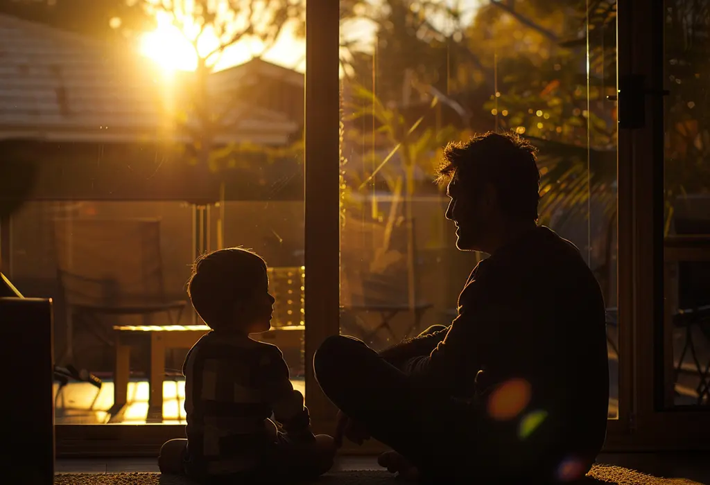 father and son talking at home