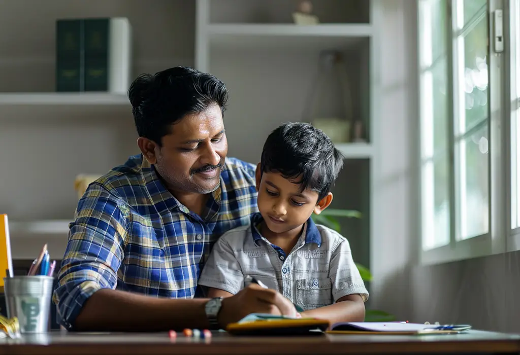 father helps son with school