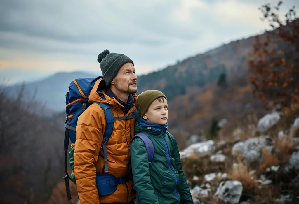 father and son in mountains hiking