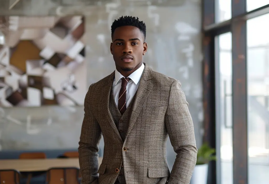 man wearing tweed suit