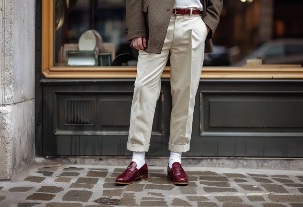 pleated high-waisted chinos with white socks and oxblood loafers