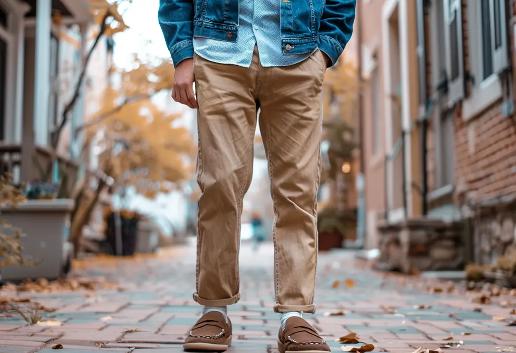 man wearing tan chinos, cuffed, with white socks and loafers, as well as a blue OCBD shirt and a denim trucker jacket