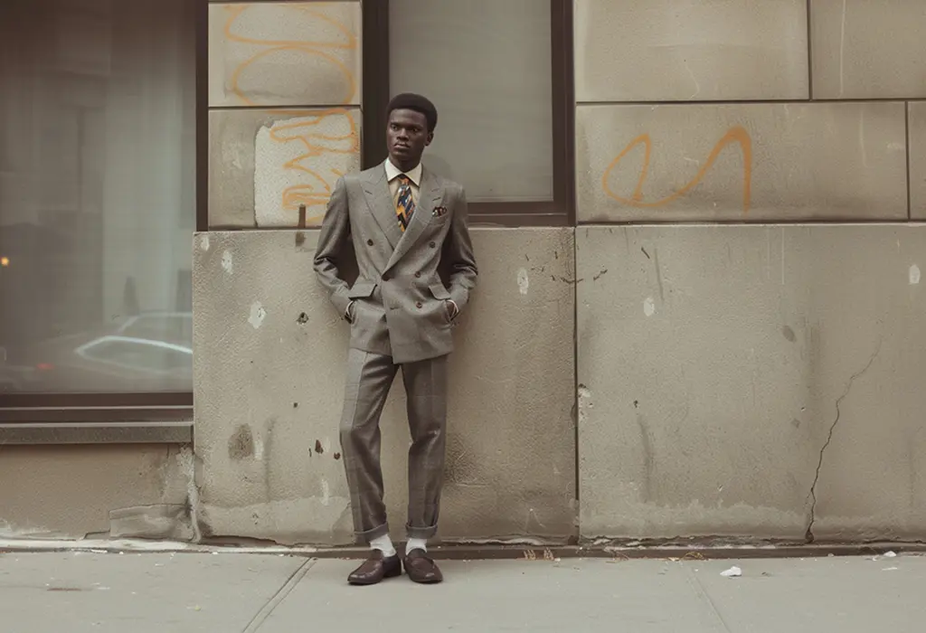 man wearing a 1980s style gray double breasted suit with wide peak lapels, a wide leg, with a bold geometric tie and black loafers with white socks