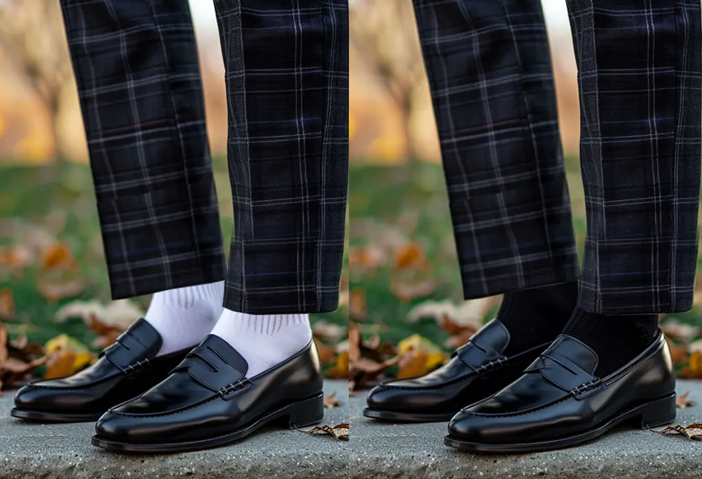 side-by-side images, one of black loafers with white socks, and another similar one of black loafers with black socks