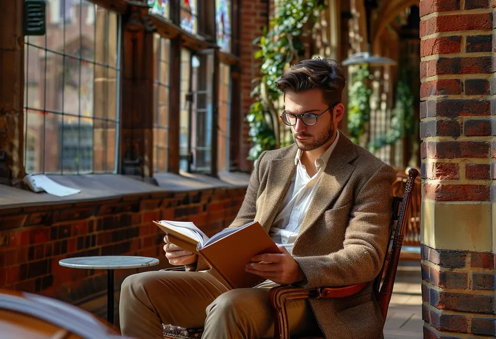 man in sports jacket sitting and reading a book