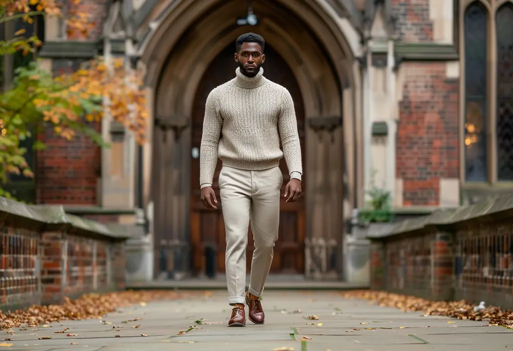 guy in turtelneck sweater and light khakis walking historical place