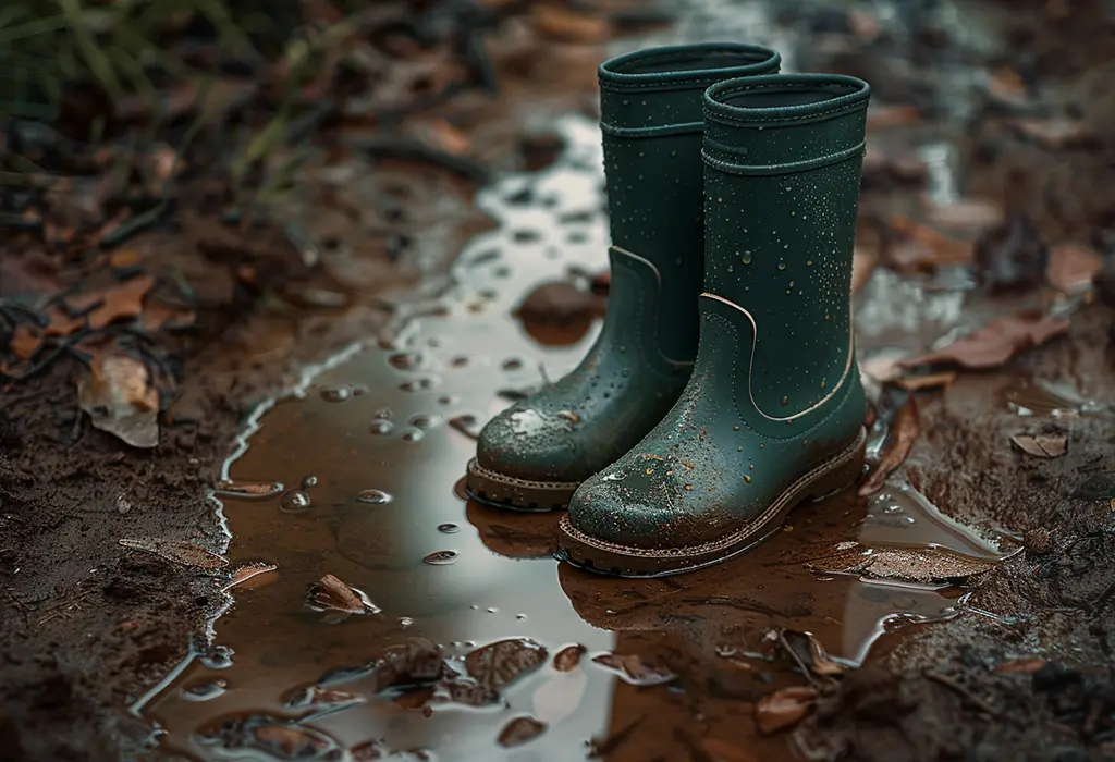 dark green rubber rain boots in a puddle