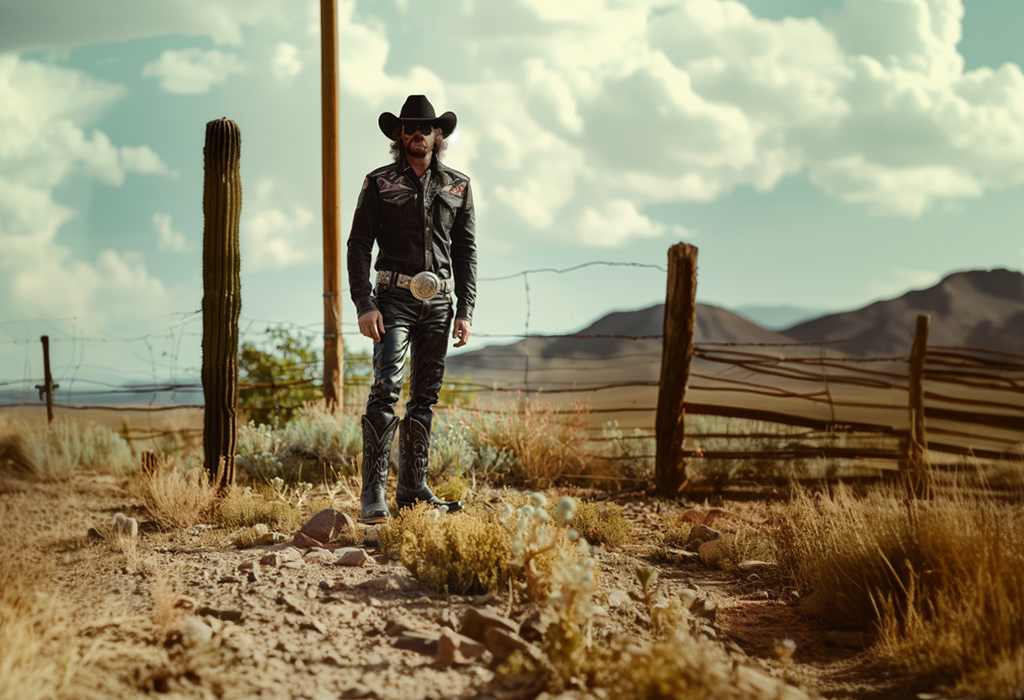 cowboy wearing black leather pants with black cowboy boots and a black western shirt