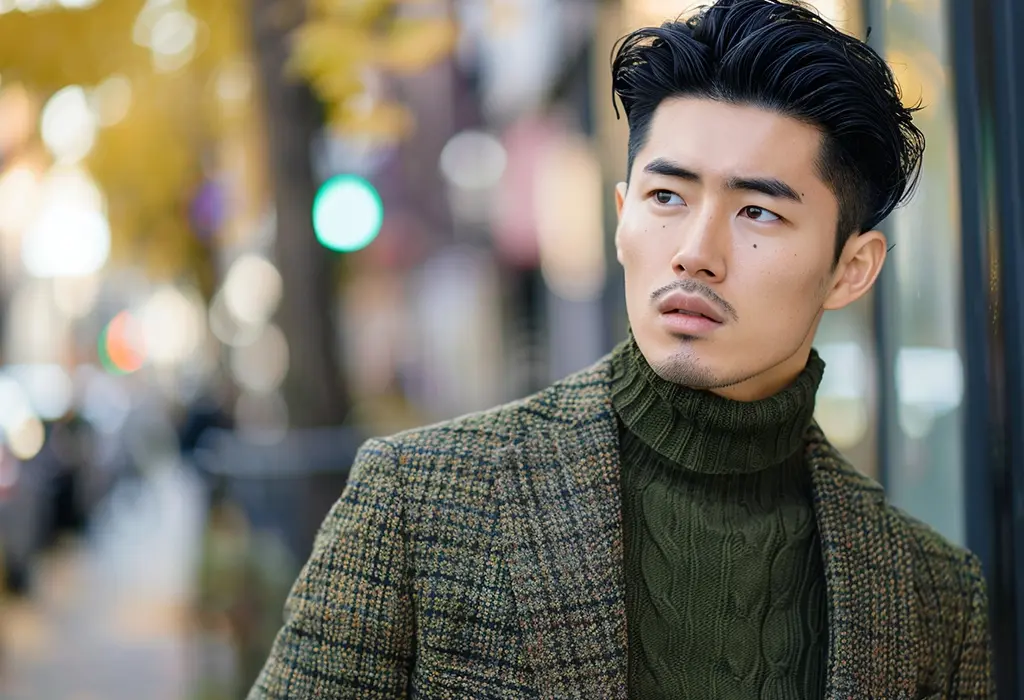 young guy wearing tweed jacket with turtleneck sweater 