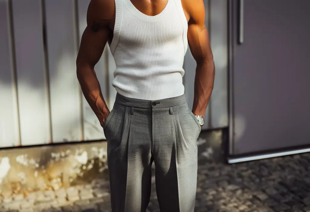 man wearing a white ribbed tank top tucked into pleated gray trousers