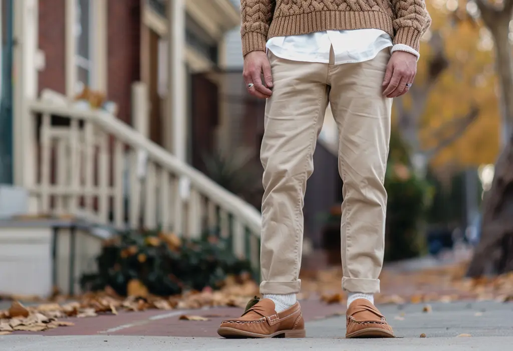 man wearing tan chinos with a white oxford cloth button down shirt and a brown cable-knit sweater with brown loafers and white socks