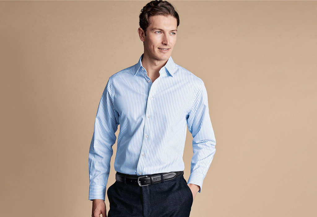 guy wearing Twill Stripe Shirt - Cornflower Blue by Chalres Tyrwhitt