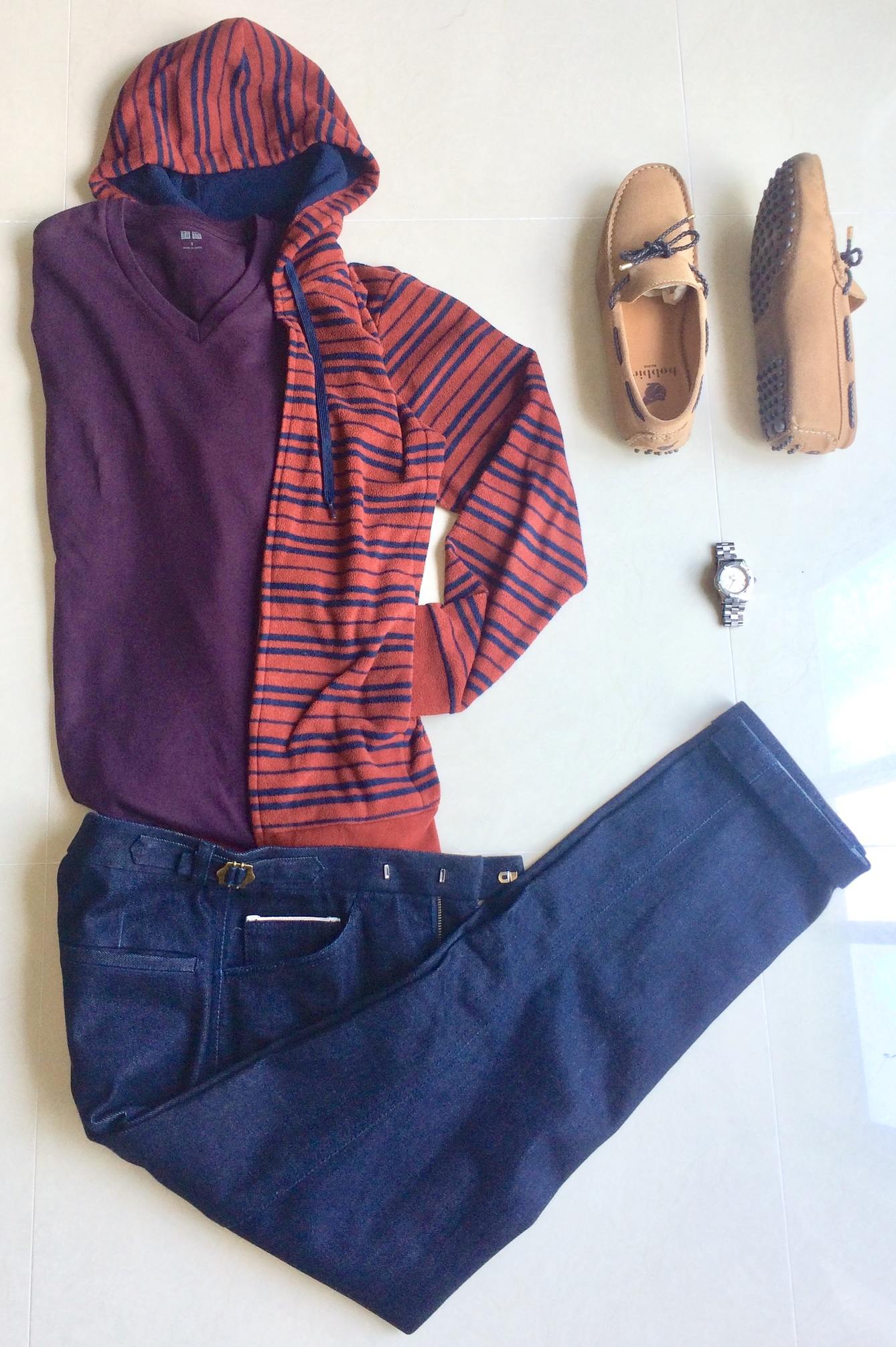 : Dark Wash Jeans, Purple T-Shirt, Hoodie and Tag Heuer Aquaracer 