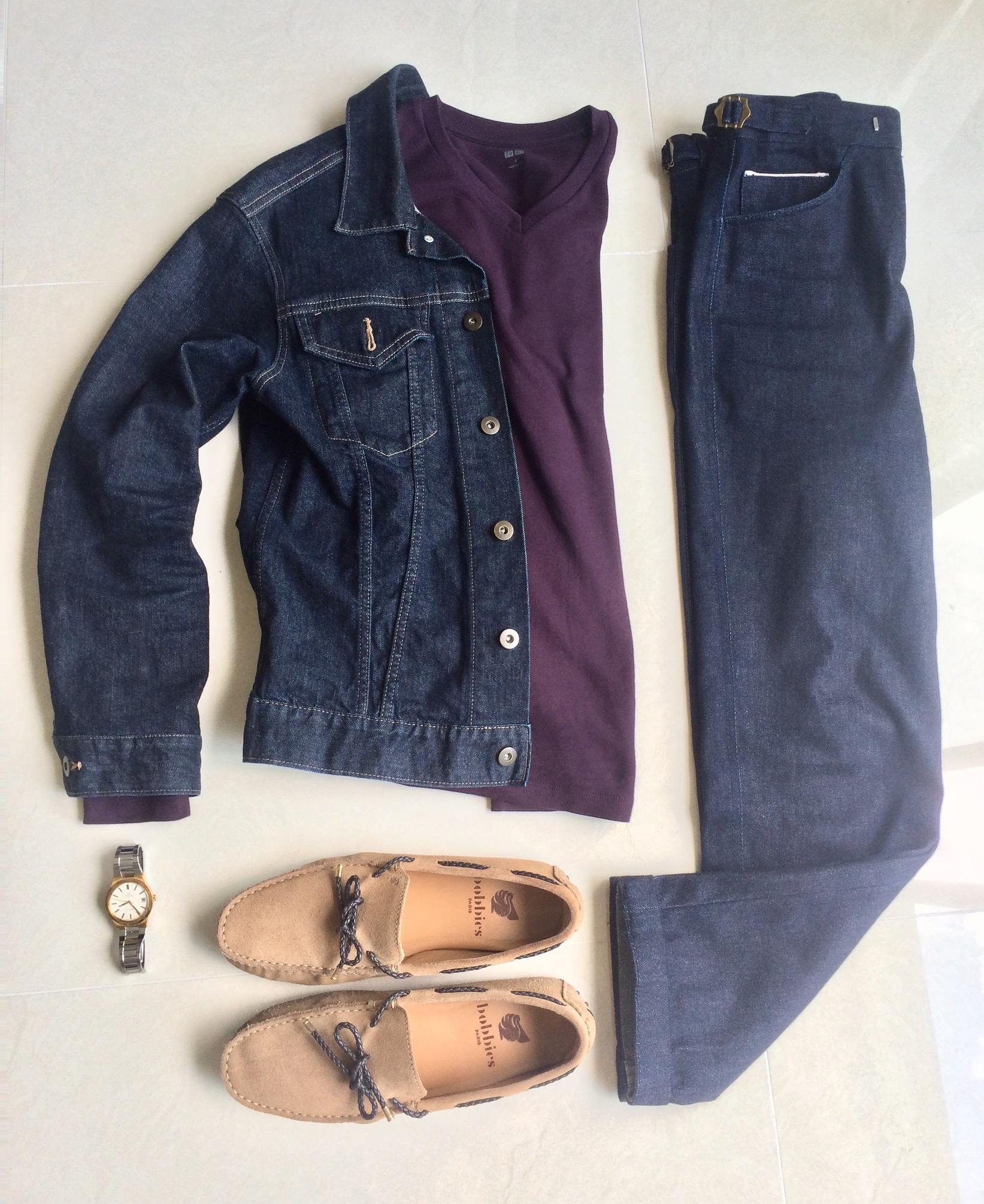 Dark Wash Jeans, Purple T-Shirt, Dark Wash Denim Jacket and Vintage Omega 