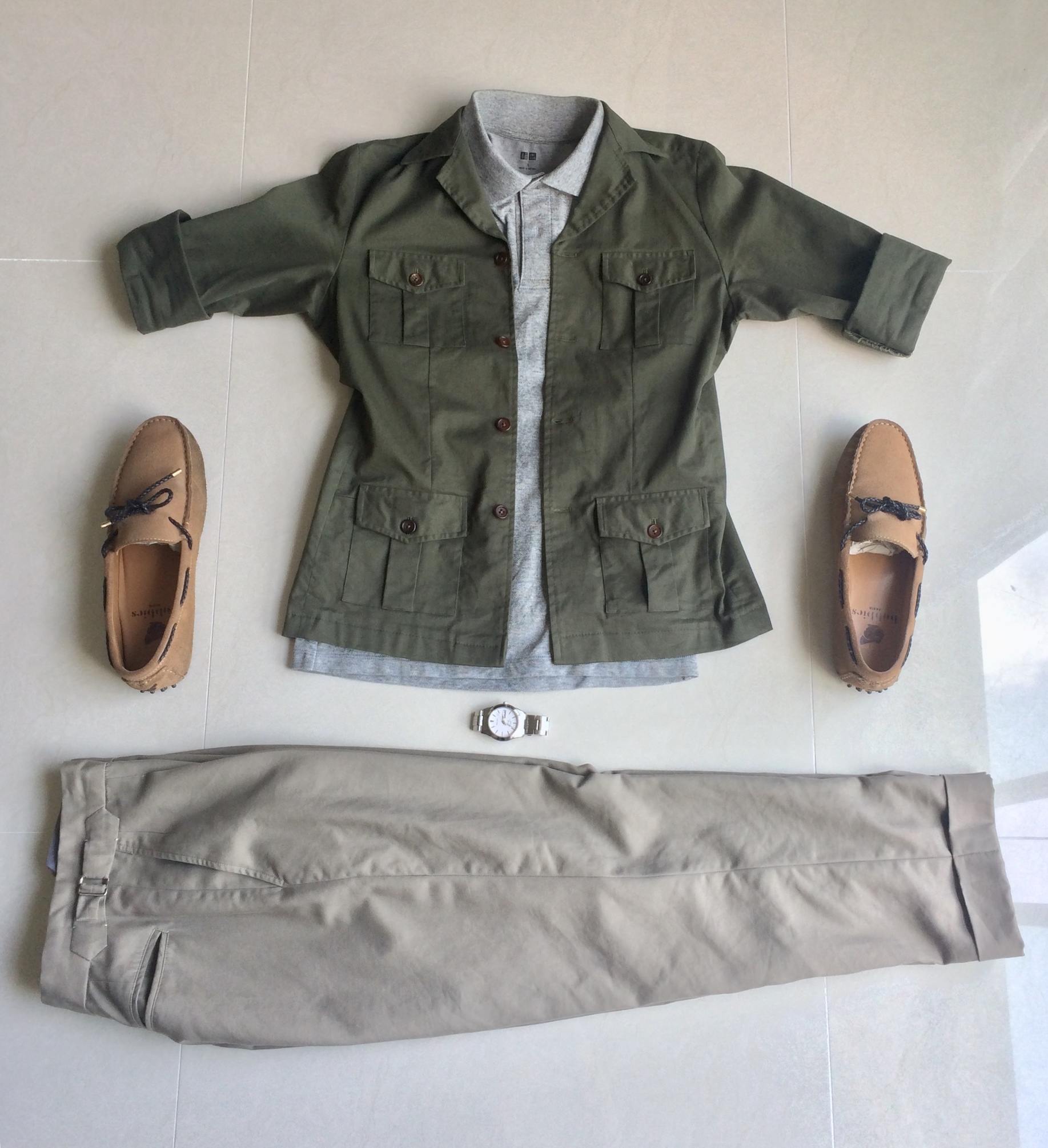 Pleated Chinos, Grey Polo, Safari Jacket and Seiko 