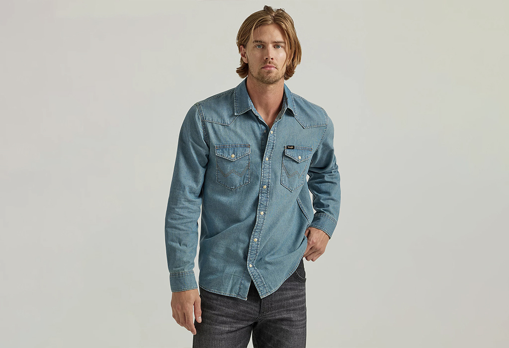 guy wearing The Best Pearl-Snap Denim Shirt: Men's Iconic Cowboy Wash Denim Shirt