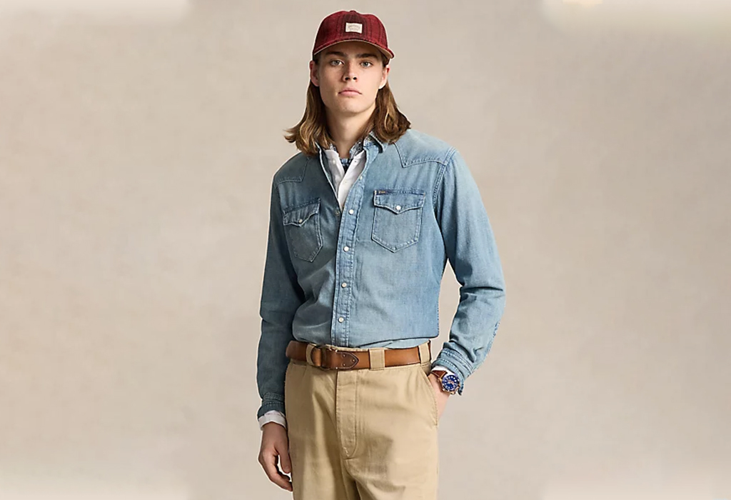 Guy with long hair wearing Slub Denim Western Shirt by Polo Ralph Lauren