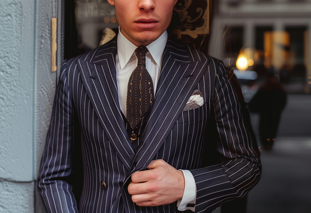 man wearing a sharply-tailored Italian 3-piece suit with pinstripes, paired with a sharp spearpoint collar shirt and silk tie