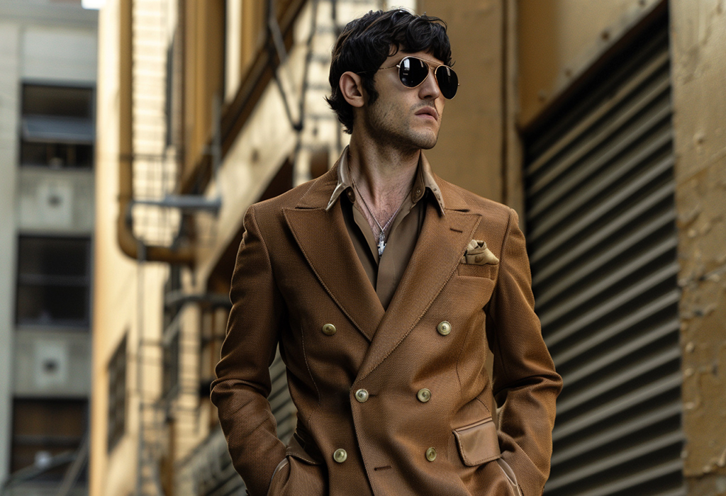 male mobster wearing a brown 70s-style double breasted suit with a large popped disco collared shirt