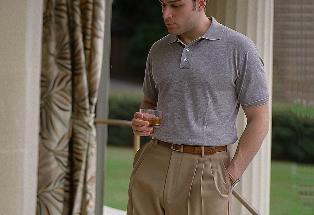 man wearing wide-fitting, double-pleated tailored tan trousers with a gray silk knit polo